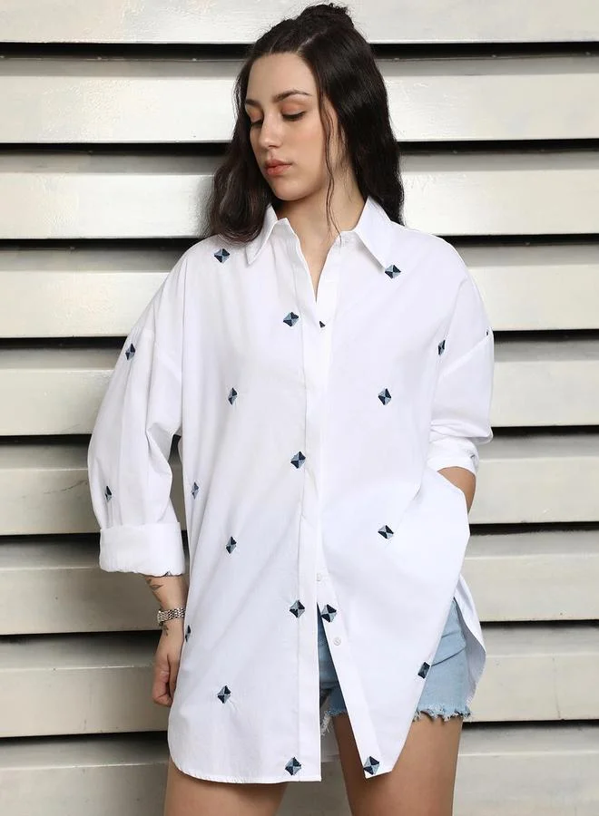 HIGH STAR Women White Embroidered Cotton Oversized Shirt